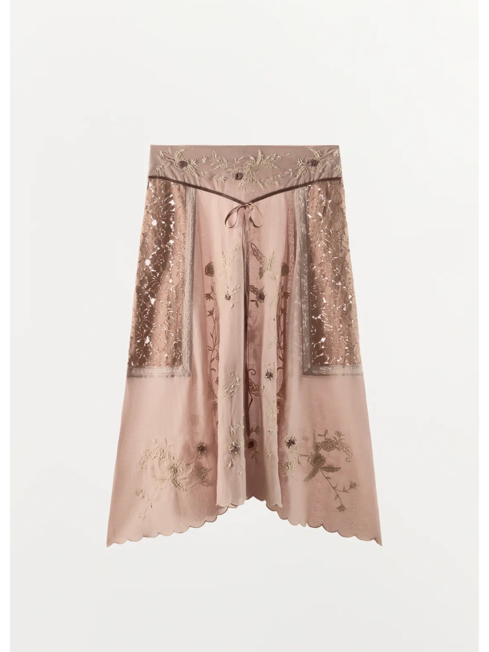 ISO Zara Embroidered Lace-Panel Midi Skirt in Dusty Pink